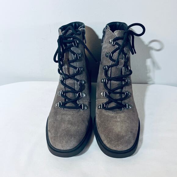 Lucky Brand Boots Dareek Taupe Suede Leather Lace Up Chunky Heel Combat 7.5M - Picture 3 of 7